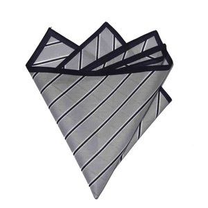 Lindenmann Germany XL Pocket Square Gray Navy Blue White Striped Cotton Men's